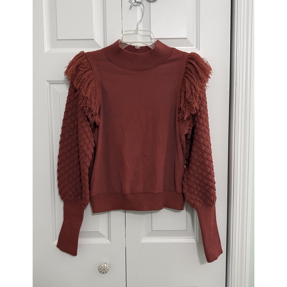 Anthropologie DOLAN Sz S Fringe Sweater Bubble Sleeve Pink Left Coast Collection